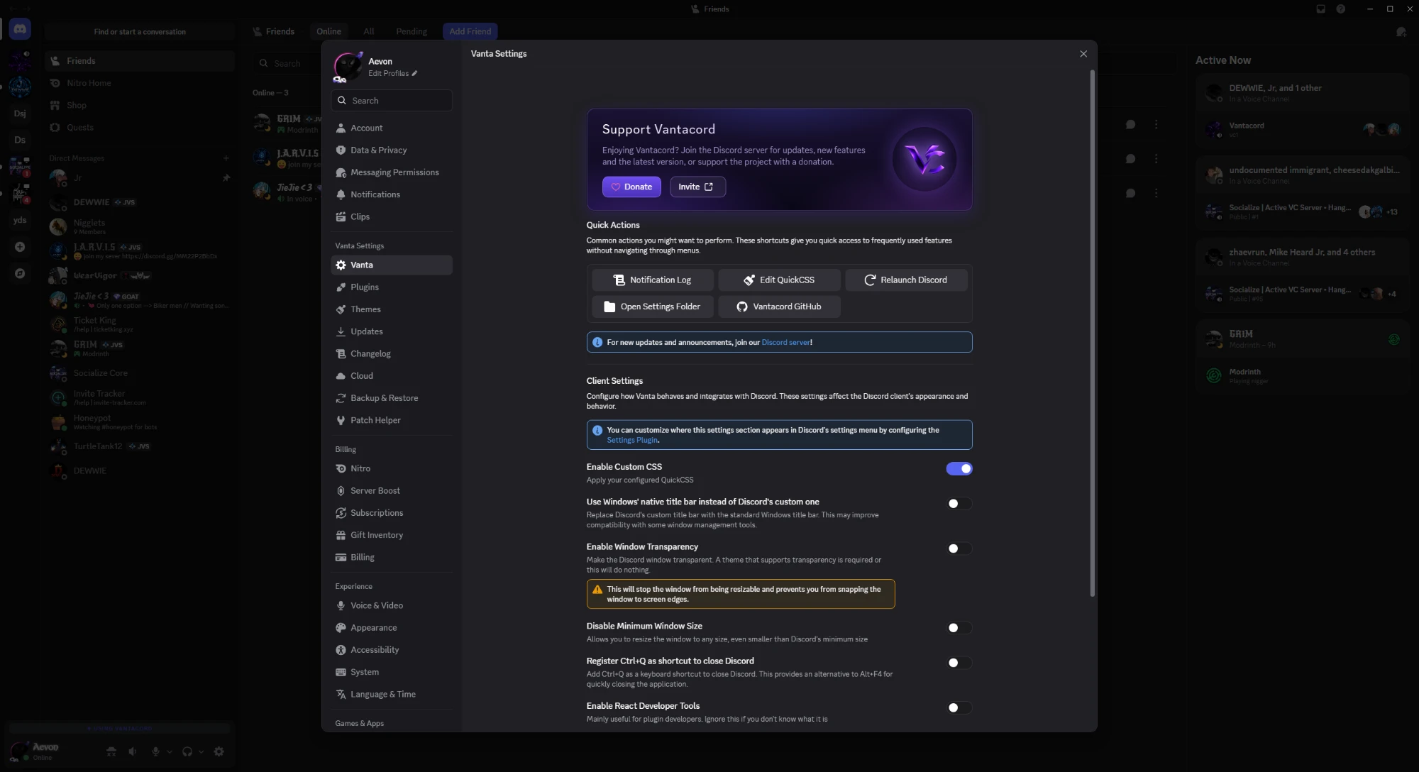Vantacord settings inside Discord: the Support Vantacord card, Quick Actions and client settings
